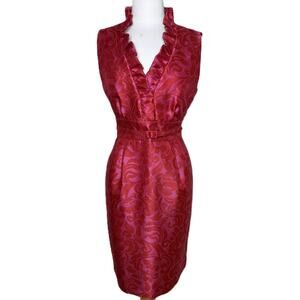 Eliza J Pink & Red Brocade Ruffled Sheath Dress w/ Belt, Party Dress, Size 12